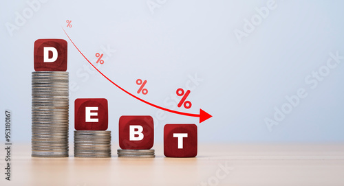 Bilde på lerret Debt wording on the top of decreasing coins stacking with down arrow and percentage for debt reducing concept