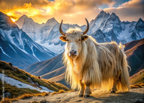 Majestic long-haired yak stands proudly in a serene Himalayan mountain landscape, its shaggy coat glistening in the soft, golden light of a tranquil afternoon. photo