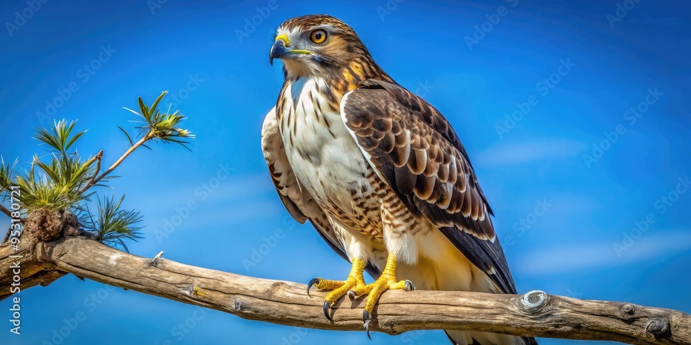 Majestic Raptor With Keen Eyes, Sharp Talons, And Piercing Gaze, Perched On A Rugged Branch Against A Clear Blue Sky. Majestic Raptor With Keen Eyes, Sharp Talons, And Piercing Gaze, Perched On A Rugged Branch Against A Clear Blue Sky.