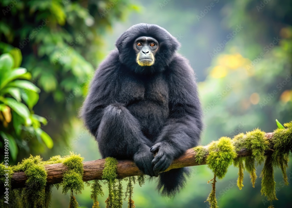 Majestic siamang, the largest species of gibbon, perches on a branch, its shaggy fur glistening in the misty rainforest atmosphere, showcasing its impressive vocal sac. Majestic siamang, the largest species of gibbon, perches on a branch, its shaggy fur glistening in the misty rainforest atmosphere, showcasing its impressive vocal sac.