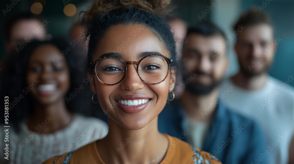 Fototapeta premium Diverse group of colleagues smiling for a selfie in a modern office, showcasing camaraderie and inclusivity in a casual work environment