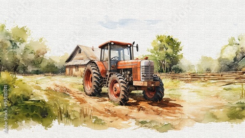 Watercolor Tractor on Rural Farm Landscape