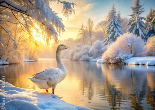 Majestic white goose with delicate feathers stands amidst snow-covered trees and frozen lake, serene winter wonderland scene with soft focus and warm golden light. photo