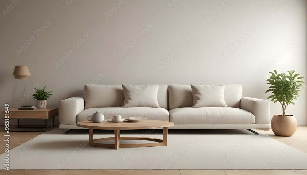 A modern living room with a large beige sofa, wooden coffee table, and minimalist decor. A modern living room with a large beige sofa, wooden coffee table, and minimalist decor.