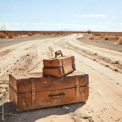 Two old suitcases abandoned on a long and deserted road in the middle of a sunny desert, evoking a sense of freedom and adventure photo