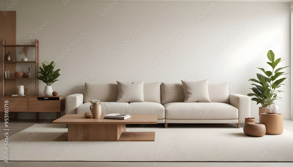 Fototapeta premium A modern living room with a large beige sofa, wooden coffee table, and minimalist decor.