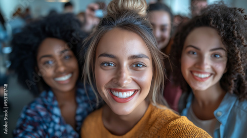 Diverse group of colleagues smiling for a selfie in a modern office, showcasing camaraderie and inclusivity in a casual work environment