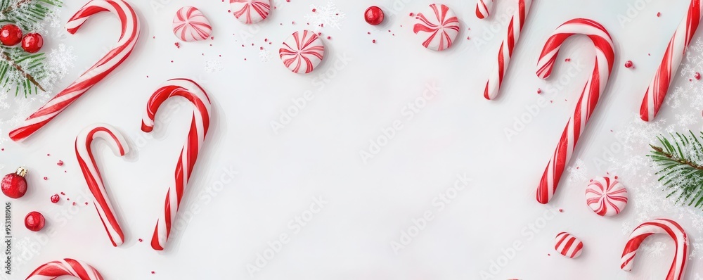 Candy canes and peppermint candies scattered on a snowy surface, watercolor, bright red and white palette, festive background Candy canes and peppermint candies scattered on a snowy surface, watercolor, bright red and white palette, festive background