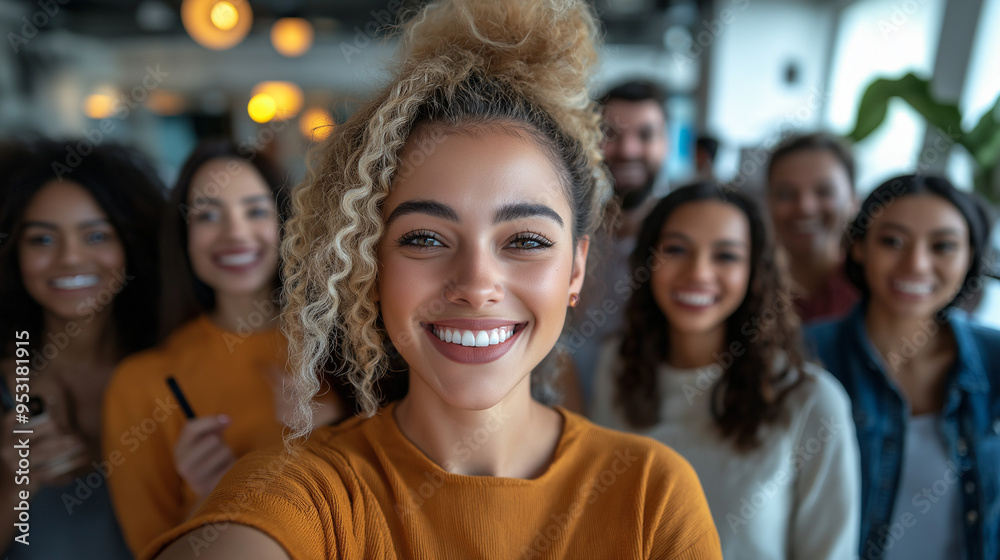 Diverse group of colleagues smiling for a selfie in a modern office, showcasing camaraderie and inclusivity in a casual work environment Diverse group of colleagues smiling for a selfie in a modern office, showcasing camaraderie and inclusivity in a casual work environment