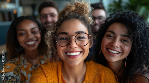 Diverse group of colleagues smiling for a selfie in a modern office, showcasing camaraderie and inclusivity in a casual work environment