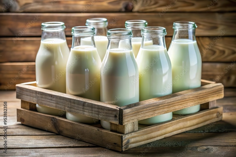 Milk bottles in wooden crate. Farm fresh dairy product Milk bottles in wooden crate. Farm fresh dairy product