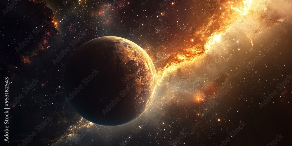 Obraz premium A distant exoplanet surrounded by vibrant cosmic gas and glowing stars, highlighting the mysteries of an unexplored galaxy