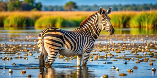 Rear view of a quagga, a subspecies of zebra, standing in shallow water, surrounded by freshwater mussels and aquatic plants in a serene natural habitat. photo