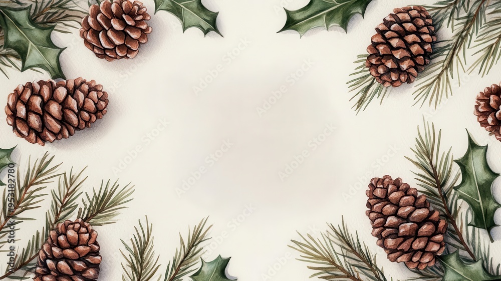 Pinecones and cinnamon sticks tied with ribbon, surrounded by holly, watercolor, earthy brown and green tones, rustic background Pinecones and cinnamon sticks tied with ribbon, surrounded by holly, watercolor, earthy brown and green tones, rustic background