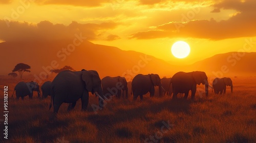 A herd of elephants walking across the savannah at sunset, emphasizing the strength and unity of these gentle giants.