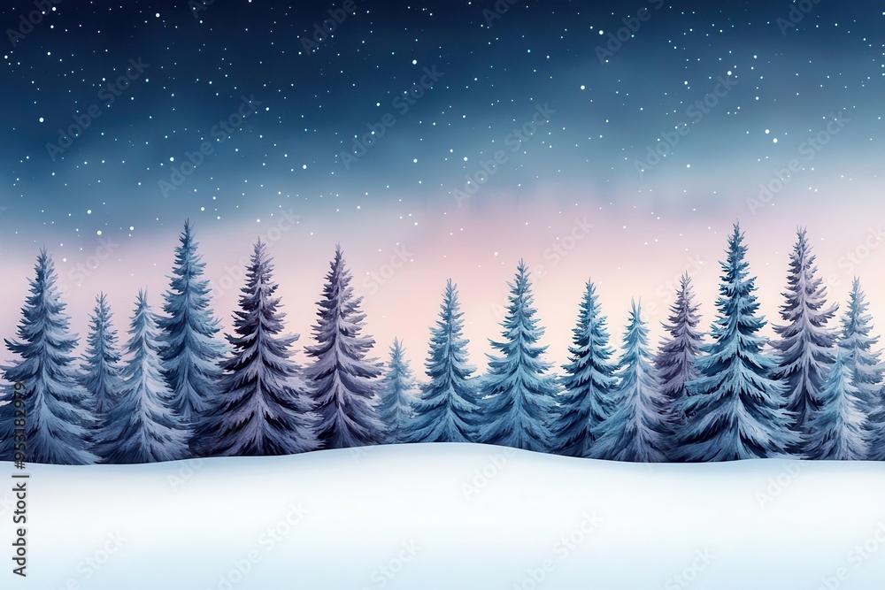 Obraz premium Snow-covered forest with a starry night sky, watercolor, soft blues and purples, serene winter background