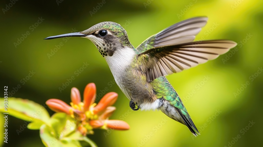 Fototapeta premium A hummingbird in flight, hovering near a flower to sip nectar, capturing the speed and precision of this tiny bird.