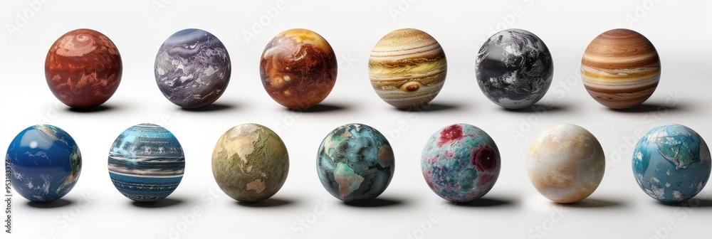 A diverse collection of realistic exoplanets displayed against a plain white background showcasing various planetary features and compositions A diverse collection of realistic exoplanets displayed against a plain white background showcasing various planetary features and compositions