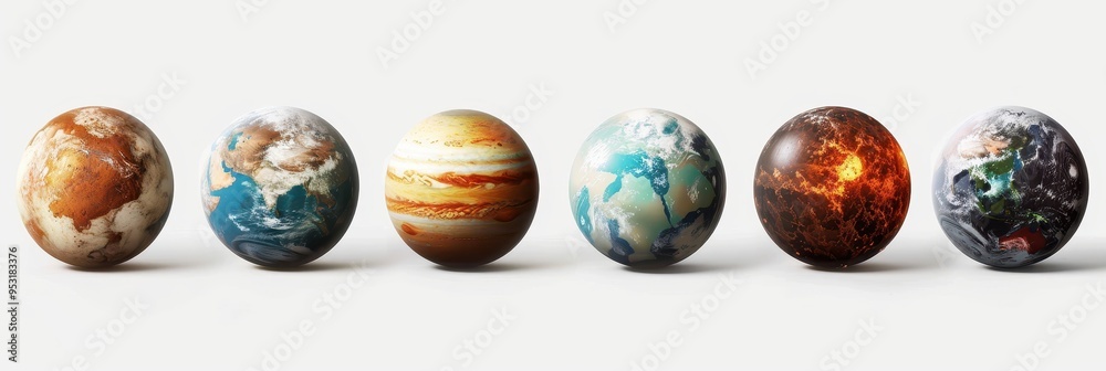 A collection of diverse exoplanets showcasing unique colors and textures against a clean white background A collection of diverse exoplanets showcasing unique colors and textures against a clean white background