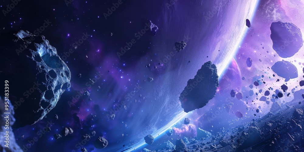 © xartproduction - Exploration of an asteroid belt surrounding a distant planet with vibrant cosmic colors in a deep space setting