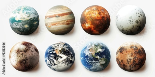 A diverse collection of realistic exoplanets displayed against a simple white background, showcasing celestial variety and wonder