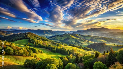 Serene landscape of rolling hills, verdant forests, and majestic mountains bathed in warm sunlight, with wispy clouds drifting across a brilliant blue sky.