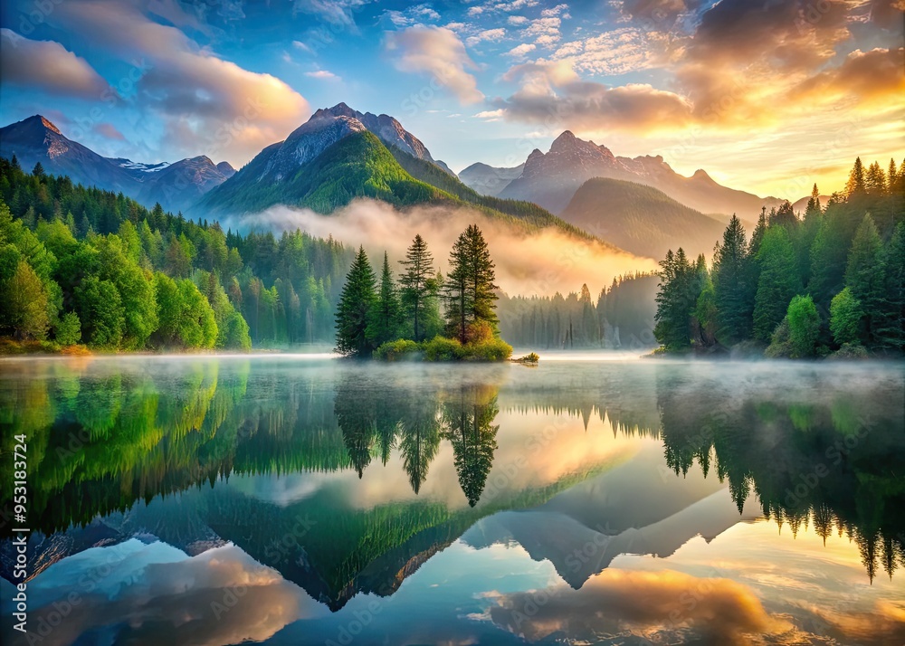 Serene misty dawn breaks over a tranquil lake, surrounded by lush green forests and majestic mountains, reflecting perfect symmetrical beauty in the still water. Serene misty dawn breaks over a tranquil lake, surrounded by lush green forests and majestic mountains, reflecting perfect symmetrical beauty in the still water.
