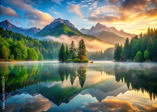 Serene misty dawn breaks over a tranquil lake, surrounded by lush green forests and majestic mountains, reflecting perfect symmetrical beauty in the still water.