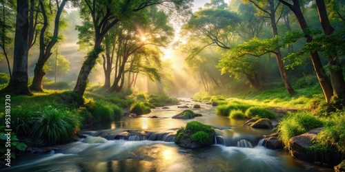 Serene misty dawn breaks over a tranquil forest, warm sunlight filtering through lush green foliage, illuminating a winding stream that flows gently through the landscape.