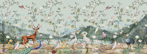 Chinoiseries style Seamless pattern with peonies trees, butterfly and birds . Vector.
