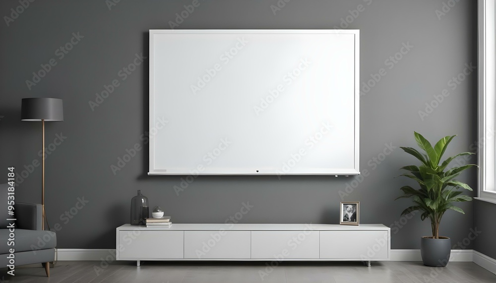 A large white framed canvas or projection screen mounted on a gray wall above a modern gray cabinet or entertainment. A large white framed canvas or projection screen mounted on a gray wall above a modern gray cabinet or entertainment.