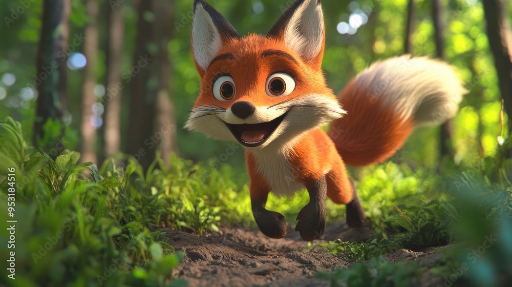 Fototapeta premium A mischievous cartoon fox sneaking through a forest, with a sly grin and bushy tail, ready for an adventure.