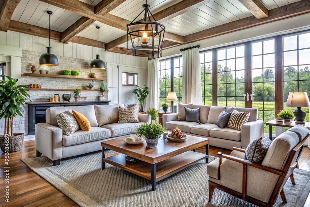 Fototapeta premium Farmhouse interior design of modern living room