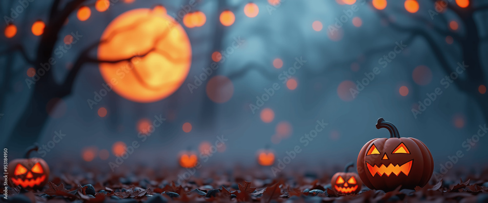 Spooky Halloween Pumpkins in a Mystical Forest with a Giant Moon And Shining Lights. Jack O'Lantern Shining in the Darkness. Spooky Halloween Pumpkins in a Mystical Forest with a Giant Moon And Shining Lights. Jack O'Lantern Shining in the Darkness.