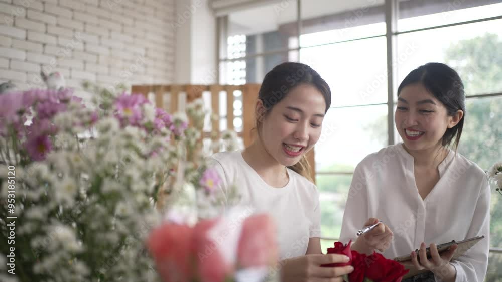 Young entrepreneurs are working at florist shop. Small business and leisure activity. Young entrepreneurs are working at florist shop. Small business and leisure activity.