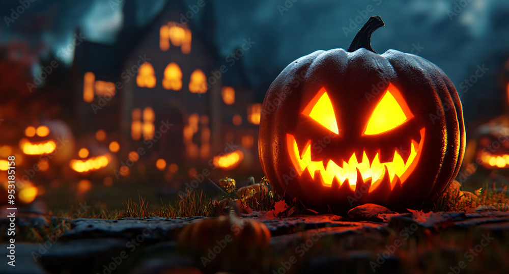Glowing Jack-O'-Lantern in Spooky Forest at Dusk Glowing Jack-O'-Lantern in Spooky Forest at Dusk