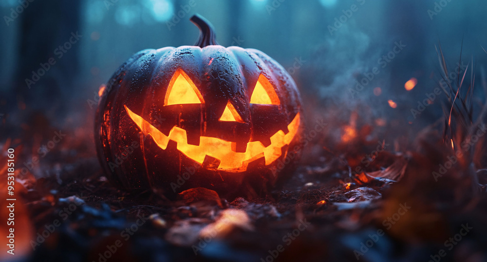 Glowing Jack-O'-Lantern in Spooky Forest at Dusk Glowing Jack-O'-Lantern in Spooky Forest at Dusk