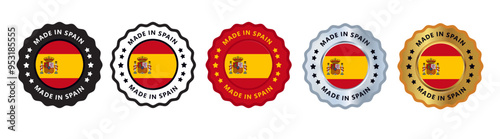 Made in spain set of sign stamp badge, with varian color blue, silver, gold, black suitable for products manufactured, military, agriculture or food vector illustration eps editable text