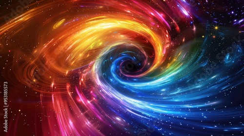 Abstract cosmic swirl with glowing lines and stars.