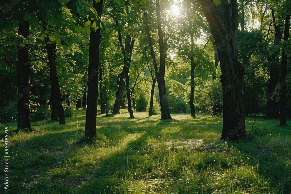 Naklejka premium A serene scene with sunlight shining through the trees in a forest, ideal for nature-inspired designs or atmospheric backgrounds