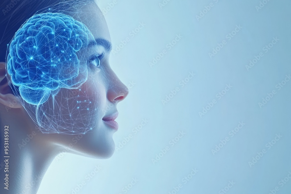 Obraz premium Blue tinted profile of a woman with glowing neural patterns symbolizing the illumination of thoughts and creativity in a serene futuristic setting