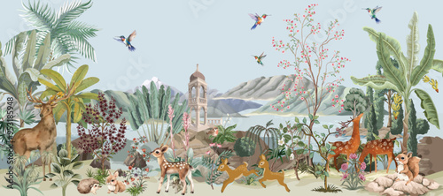 Tropical Wall Mural Design, Landscape, Birds,Animals.
