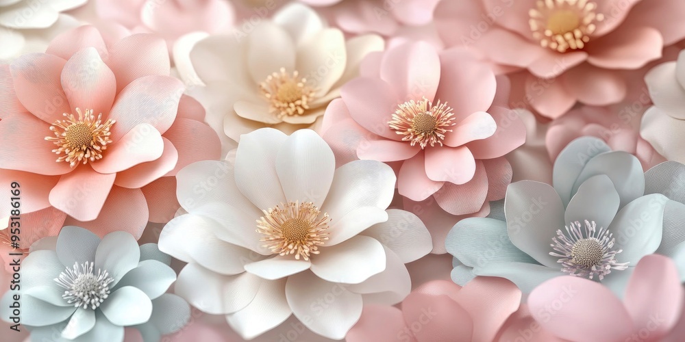 A bunch of flowers in various colors are arranged in a pattern. The flowers are white and pink, and they are scattered throughout the image. Scene is one of beauty and serenity A bunch of flowers in various colors are arranged in a pattern. The flowers are white and pink, and they are scattered throughout the image. Scene is one of beauty and serenity