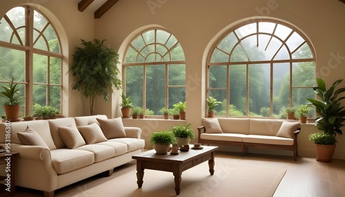 A cozy and rustic living room with an arched window overlooking a lush outdoor scene. The room features a plush beige sofa, a wooden coffee table, and a large potted plant.