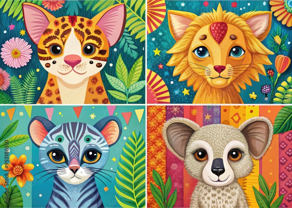 Fototapeta premium Vibrant and colorful illustrated poster set featuring adorable animals, including a cat, dog, elephant, giraffe, and monkey, on bright backgrounds with fun patterns and textures.
