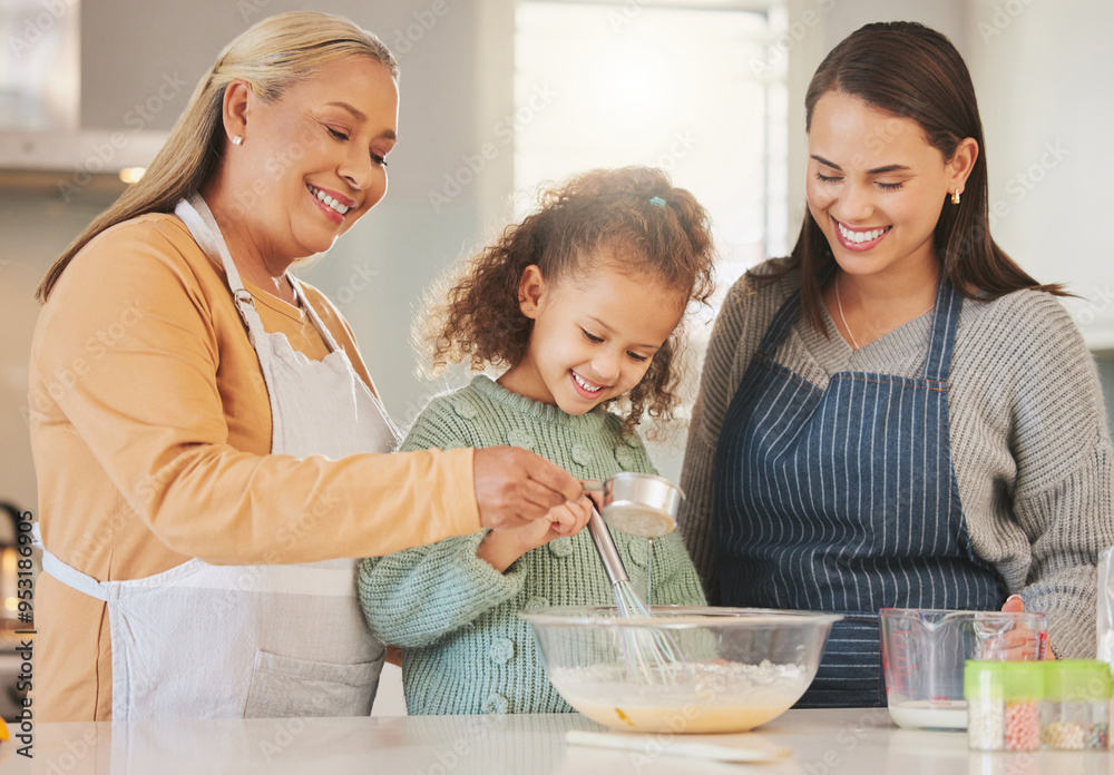 Baking, mom and grandmother with kid to whisk milk in bowl for learning recipe with happy family. Mix, mother and girl with generations for cooking, prepare or help with ingredients in home kitchen Baking, mom and grandmother with kid to whisk milk in bowl for learning recipe with happy family. Mix, mother and girl with generations for cooking, prepare or help with ingredients in home kitchen