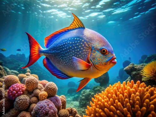 Vibrant blue and orange opah fish swims against a coral reef background, its circular body and fins accentuated by the warm sunlight filtering down. photo