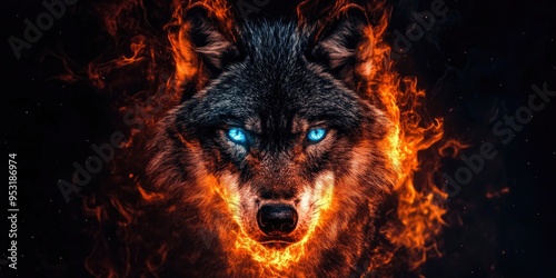 A black backdrop with an image of a blue-eyed wolf with flames surrounding its face in the foreground.