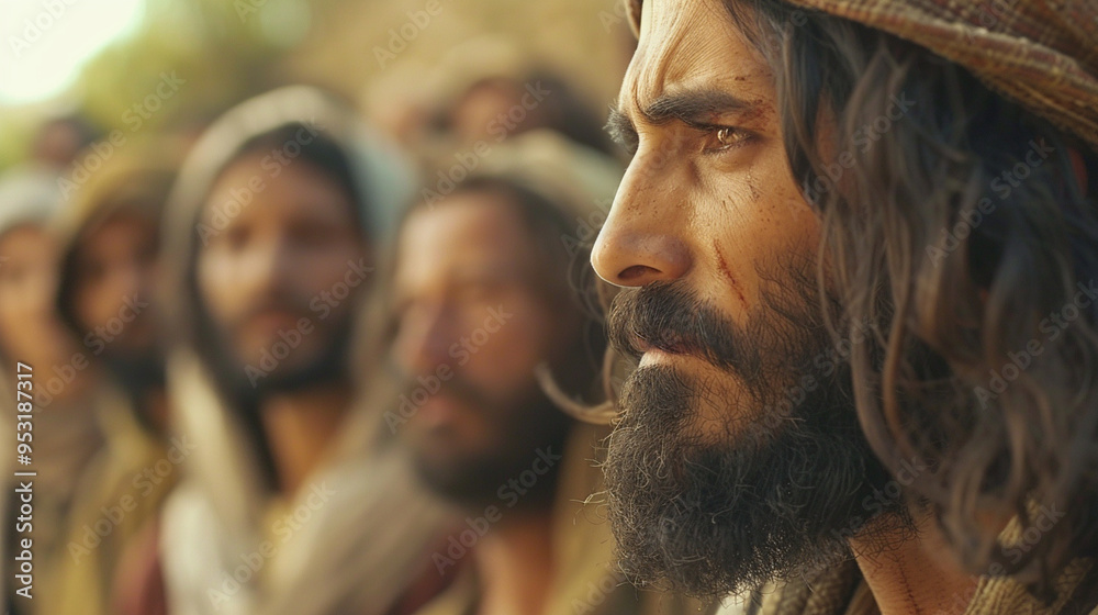 Close-up of Jesusâ profile as He turns to speak to someone in the crowd, showing His focused expression. Close-up of Jesusâ profile as He turns to speak to someone in the crowd, showing His focused expression.