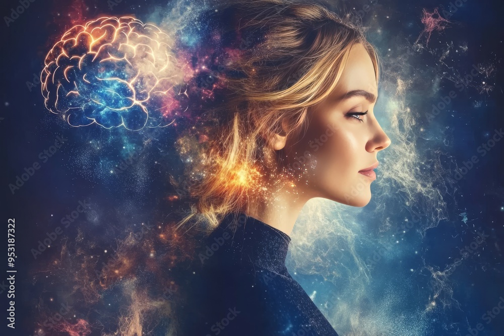 Cosmic profile of a woman with a glowing brain symbolizing the boundless potential of thoughts and creativity in a vast ethereal setting Cosmic profile of a woman with a glowing brain symbolizing the boundless potential of thoughts and creativity in a vast ethereal setting